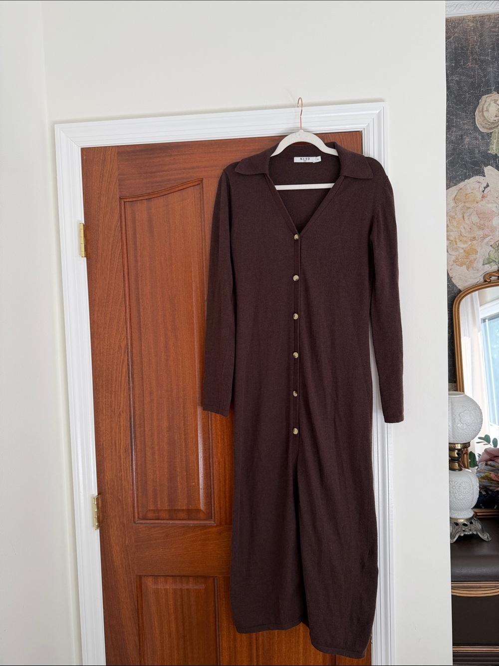 Long Button-Front Brown Knit Dress/ Duster
